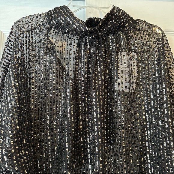 New Zara $69 Tied Collar Gold Sequin Semi Sheer Blouse 9127/572 Small - Picture 10 of 14